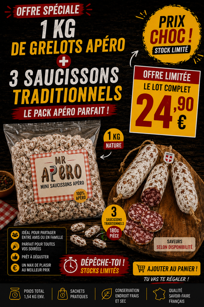 🔥 PACK APÉRO XXL – 1 KG DE GRELOTS + 3 SAUCISSONS TRADITIONNELS 🔥